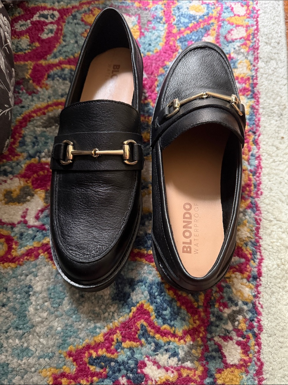 Blondo Black Leather Slip-On Loafers with Gold Bit